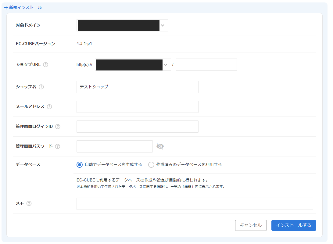 新規インストールの入力画面